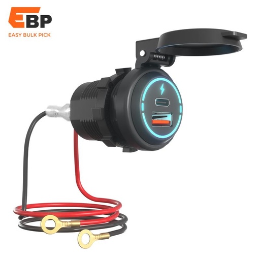 30 pcs Dual Port Quick Charge USB Car Charger PD Type C + QC 3.0 for Boats, Golf Carts, and Motorcycles with Spring-Loaded Cover