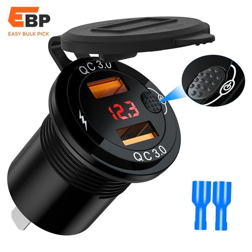 30 pcs USB Car Charger Dual Ports QC3.0 3.4A Fast Charge with Mechanical Switch and Voltage Display for Vehicles, RVs, and Boats