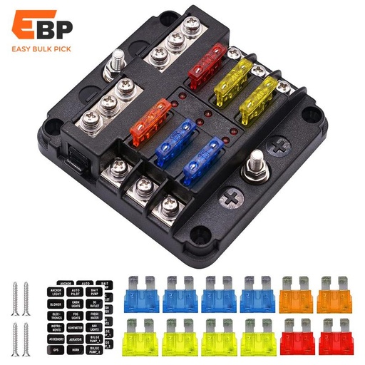 15 pcs Fusible Box with LED Indicator Light, Waterproof 12V/24V Marine ATO/ATC Panel, 1-in 6-out Connection for Automotive and Boat Use