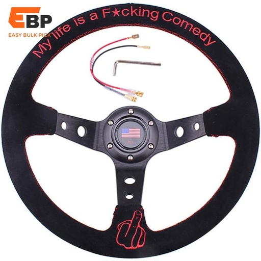 5 pcs Universal 13.6" Racing Steering Wheel 6-Bolt Suede Grip with Horn Button for Cars, Boats, and Trucks