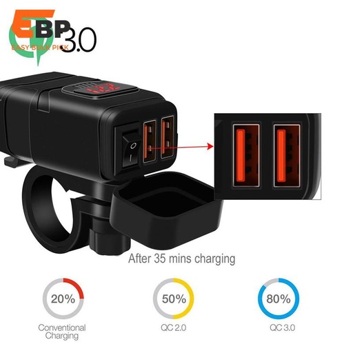 25 pcs Dual USB Motorcycle Charger 12V Fast Charging with Waterproof Design and Digital Voltage Meter
