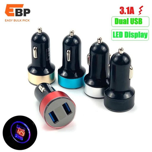 100 pcs 3.1A Dual USB Car Charger with LED Display for Kia Models including Ceed, Mohave, OPTIMA, Carens, Borrego, CADENZA, Picanto, and SHUMA